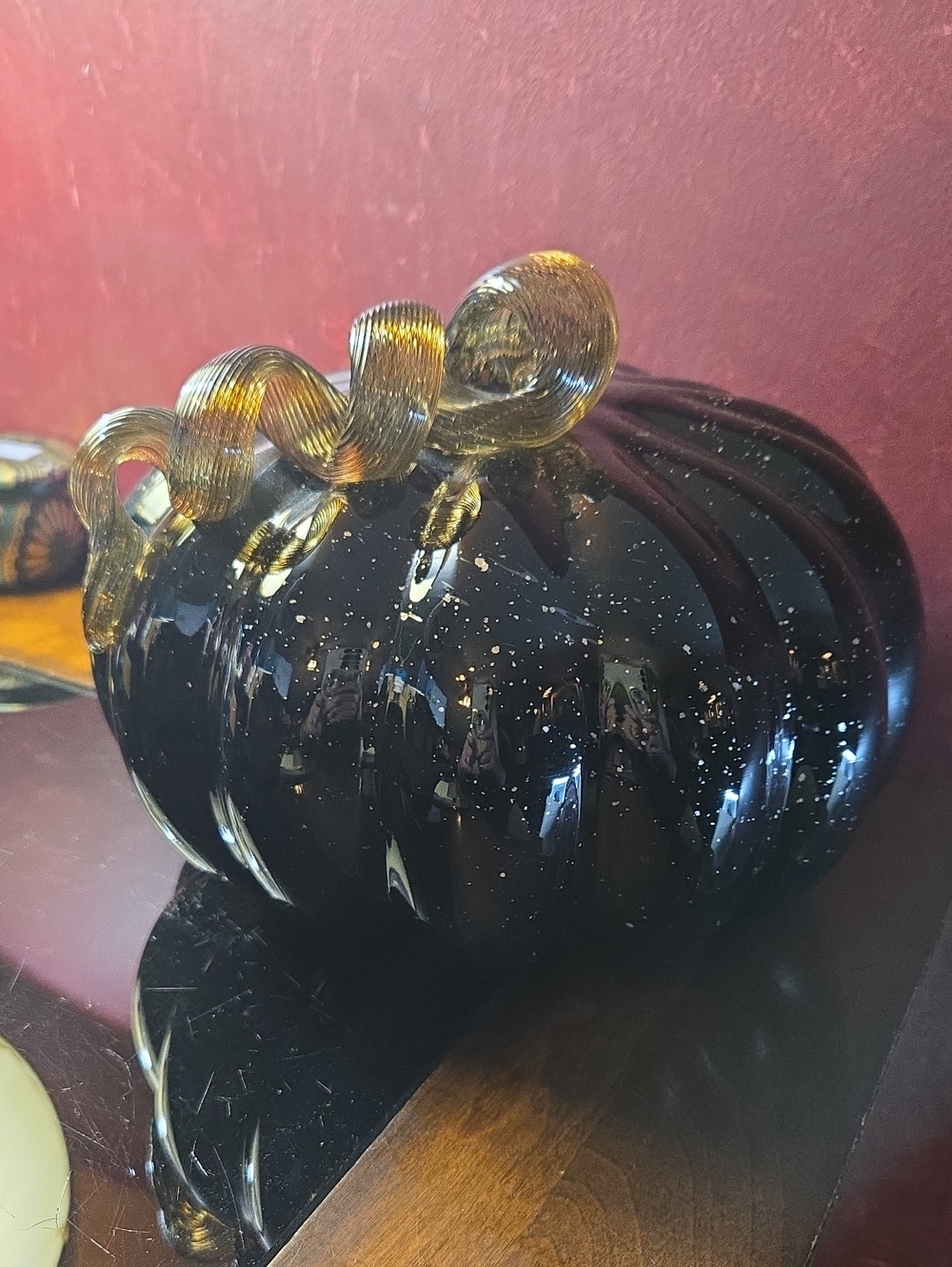 Handblown Glass Pumpkin - Black w/Gold Specks & Gold Stem